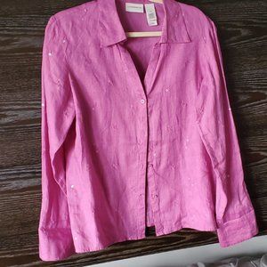 Pink Linen button up embroidered with sequins perfect for spring/summer!